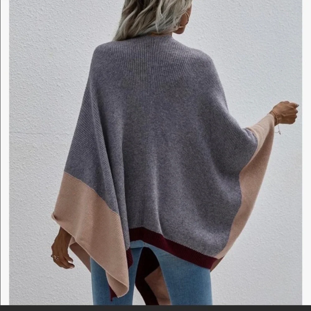 Open Front Color Block Batwing Ruana - Picture 8 of 9